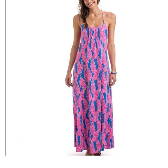 Vineyard Vines Palm Print Maxi Dress Sz 8 Blue Pink Strappy Tropical Boho Summer - Picture 1 of 14